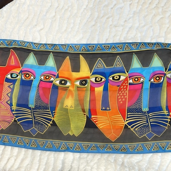 Laurel Burch Silk SCARF Oblong Tribal Cat Faces Wrap Retired multicolor - Picture 3 of 8